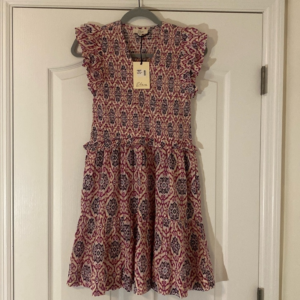 NWT Elan | Ikat Print Ruffle Sleeve Dress 100% Cotton | Lavender |  Small